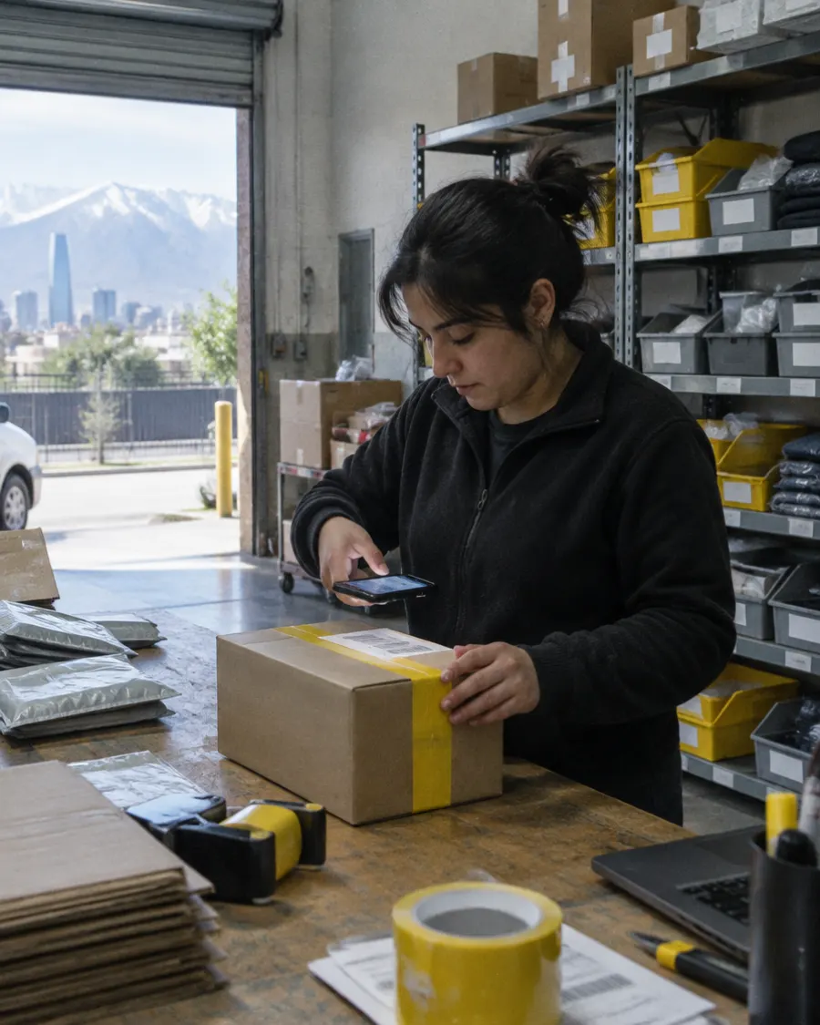Person packing an online order and scanning the label with a phone