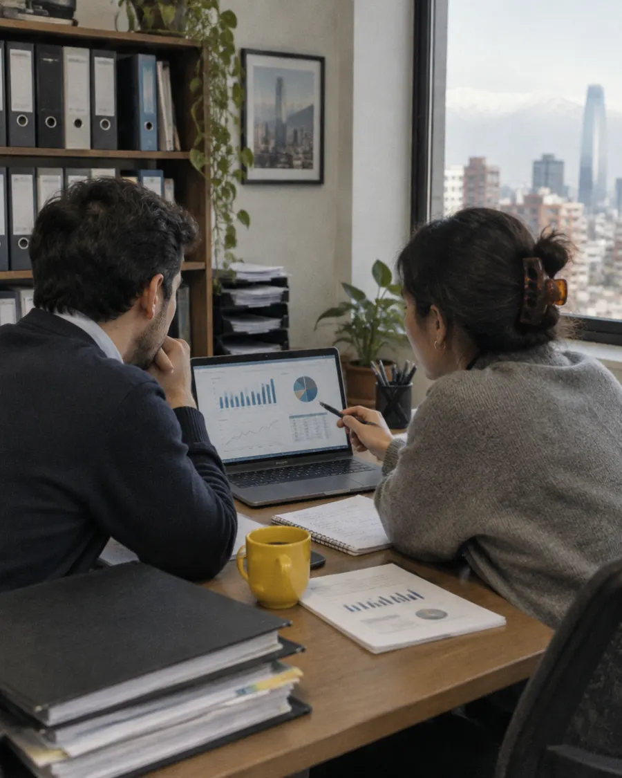 Two people reviewing a dashboard of numbers on a laptop